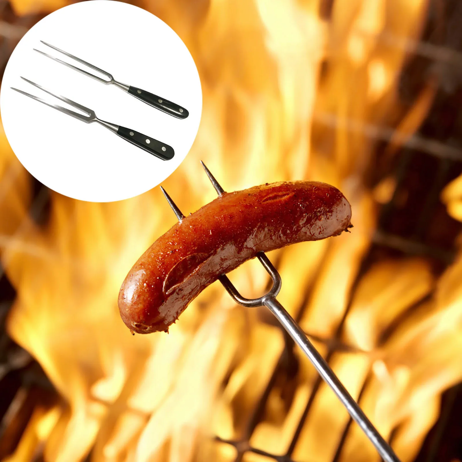 

Stainless Steel Barbecue Skewers Roasting Stick 2-Prong Meat Grilling Fork Outdoor BBQ Tools with Wooden Handle for Kitchen Camp