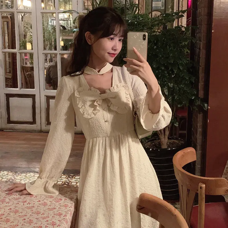 

Skirt Autumn Bow Ruffled Large Swing Dress Women's Mid-Length Woman Dresses Vestido De Mujer Femme Robe