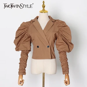 Женская туника с рюшами TWOTWIN, Повседневная Блузка с V-образным вырезом и пышными длинными рукавами, 2021