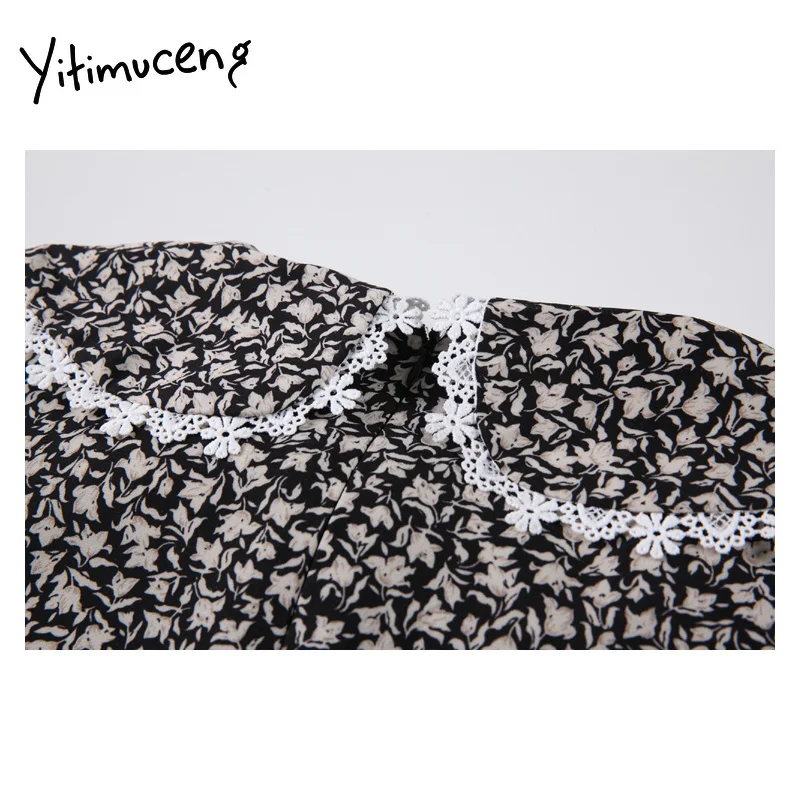 

Yitimuceng Women Dresses Spring Autumn 2021 Lace Oversized Collar Lantern Long Sleeve Floral Print Black Casual Mini Dress Woman