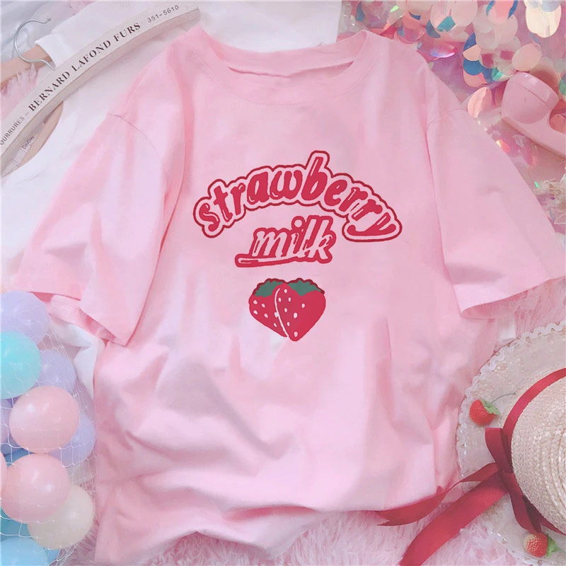 Клубника молоко Kawaii мультфильм милые девушки Розовая графика летняя уличная