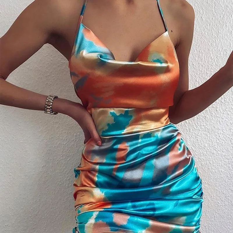 

Summer Woman Color Suspender Dress Sexy Drape Halter Short Skirt Waist Bandage Mini Dress Female Pile Collar Fashion Streetwear