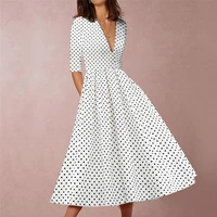 ladies dress summer plus size dress women elegant half sleeves vintage polka dot office long white red dress female vestido midi