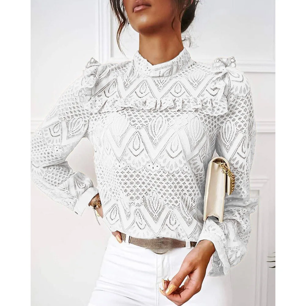

Women Elegant Long Sleeves Lace Ruffle Blouse Hollow Out Office Shirt Top