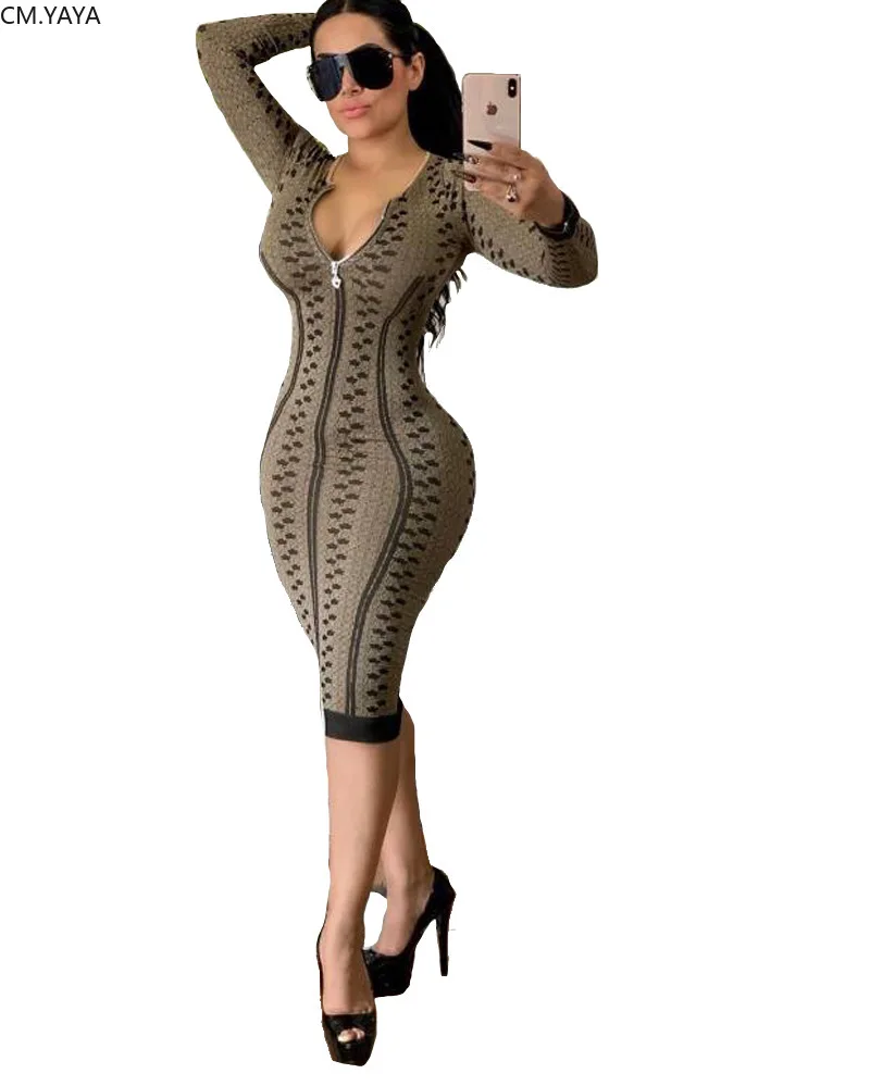 Осеннее женское облегающее платье миди на молнии с геометрическим принтом и