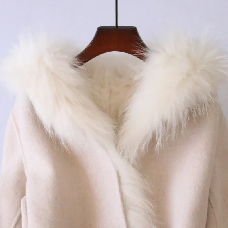 Fashion Winter Women Wool Fur Coat Fox Hair Collar Hooded Middle Length Office Lady Beige Long Sleeves Warm Female Overcoats enlarge