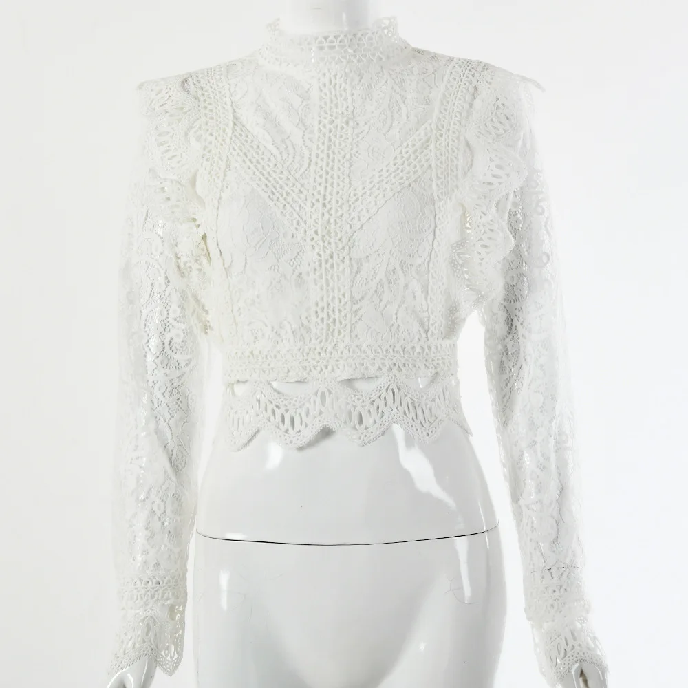 

Elegant White Women Lace Blouse Shirt Hollow Out Embroidery Slim Crop Top Women Blusas Long Sleeve Casual Tops Zip Back Chic