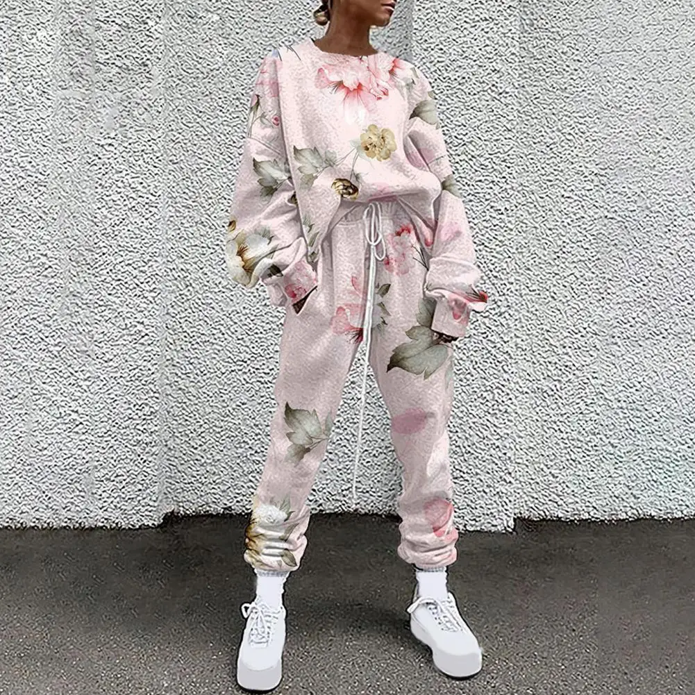 

1 Set Top Pants Set Tie Dye Floral Print Women Round Neck Pullover Drawstring Pants for Sports Top Pants Set