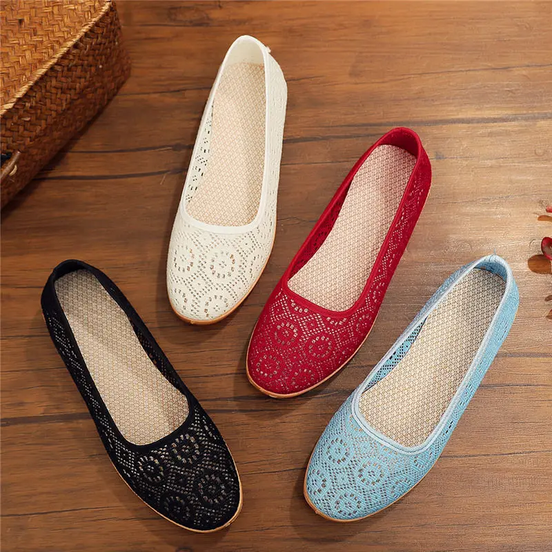 

Lace Mesh Summer Women Shoes Slip On Loafers Casual Flats Round Toe Breathable Woman Hollow Out Ballerina Shoes Zapatos Mujer