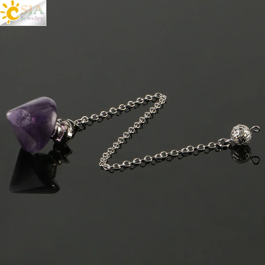 Amethyst CSJA Новое поступление конусовидный маятник пуля рейки натуральный камень розовый фиолетовый кристалл Кварц Маятники для гадания дюбинг G187 - Окраска металла: Amethyst