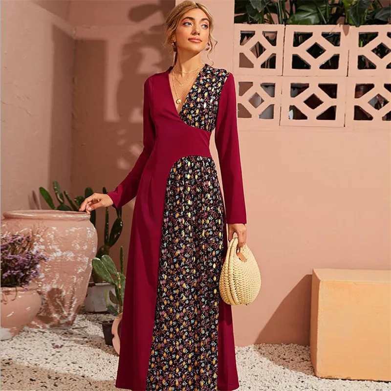 

Women Floral Print Patchwork Long Dress Muslim Women Arab Abaya Slim A-line Muslim V-neck Long Sleeve Maxi Robe Gown Ramadan New