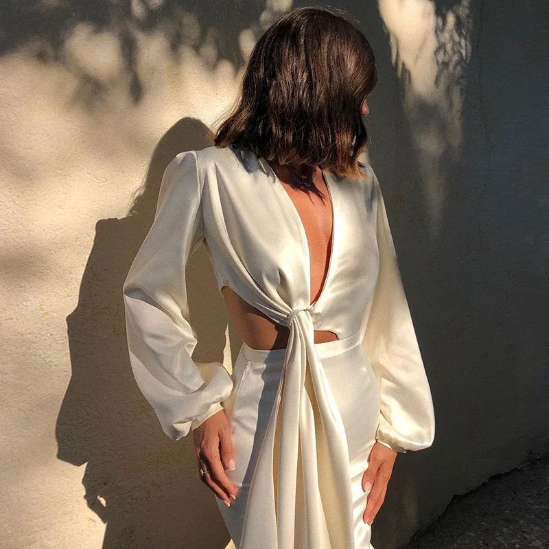 

Foridol Sexy Waist Cut Out Satin Party Dress Women Lantern Sleeve Silk Club Short Dress Vestidos Women Robe Femme Autumn Winter