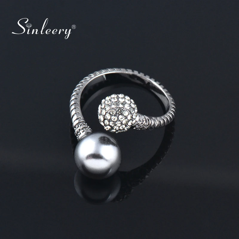 

SINLEERY Elegant Crystal Ball With Imitation Pearl Rings Adjustable Size Women Antique Silver Color Jewelry Bagues Jz177 SSB