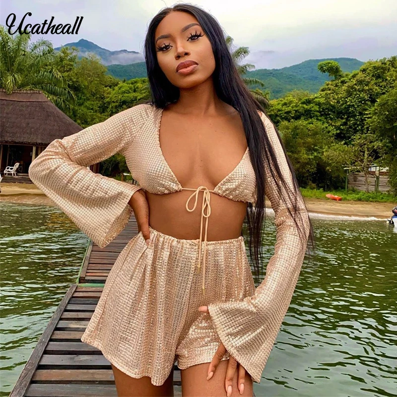 Комплект из двух предметов с блестками и люрексом сетчатый комплект топа шорт