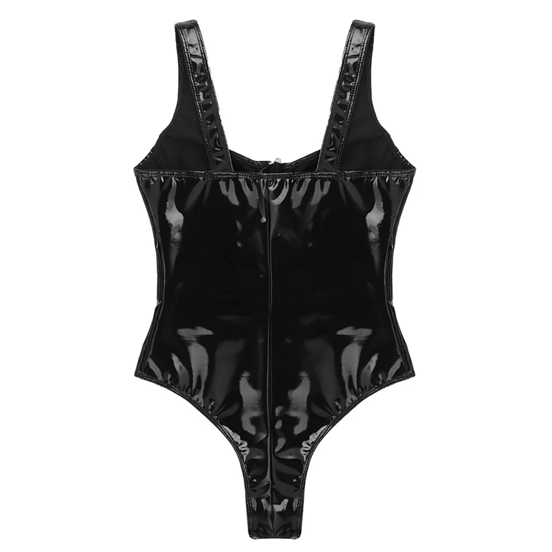Женское черное женское белье из лакированной кожи на молнии спереди купальник