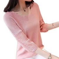 2021 hollow out half sleeve woman autumn pullovers o neck eyelet pink knitted tshirts beige female cotton elastic patchwork tops