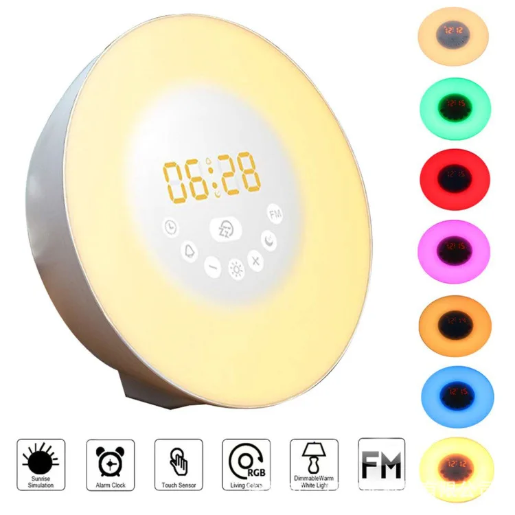 

Simulated sunrise and sunset wake up lights, led colorful color changing atmosphere bedside sleep aid night light FM radio