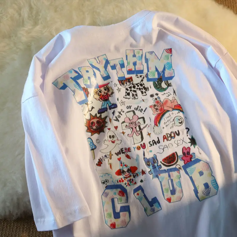 

Cotton HIP HOP Cartoon Animals Letters Printed Graphic T Shirts Harajuku Fun Teens Clothes Goth Streetwear Fashion Summer Tops