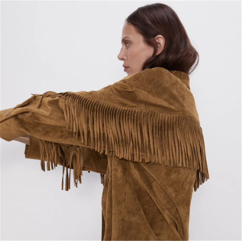 Женская джинсовая куртка ZA армейская зеленая оверсайз с бахромой и заклепками