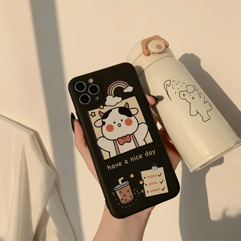 Японский милый чехол для телефона с изображением чая и коровы iPhone 12 11 Pro Max X XR XS 7 8