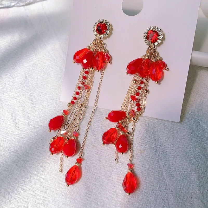 MENGJIQIAO New Handmade Red Crystal Tassel Long Drop Earrings For Women Girls Elegant Boucle doreille Holiday Jewelry Gifts |