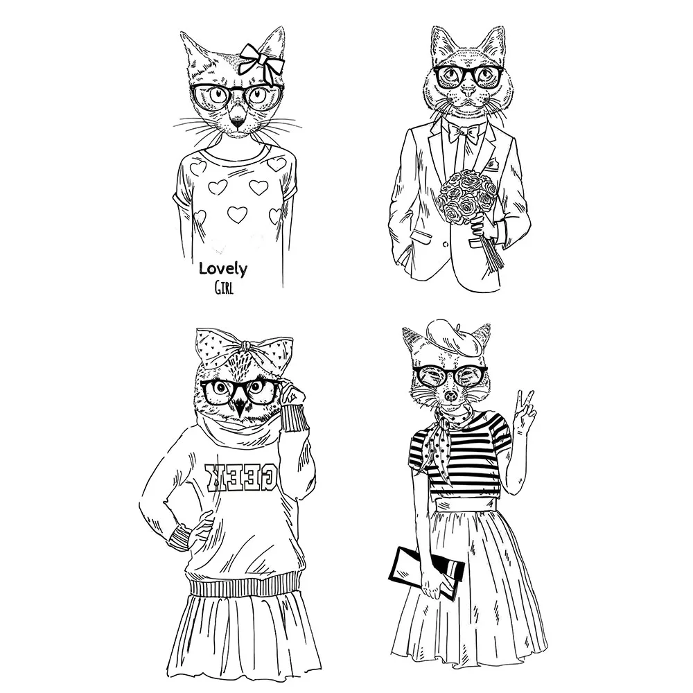 Коллекция прозрачных штампов мультяшных человеческих животных для скрапбукинга