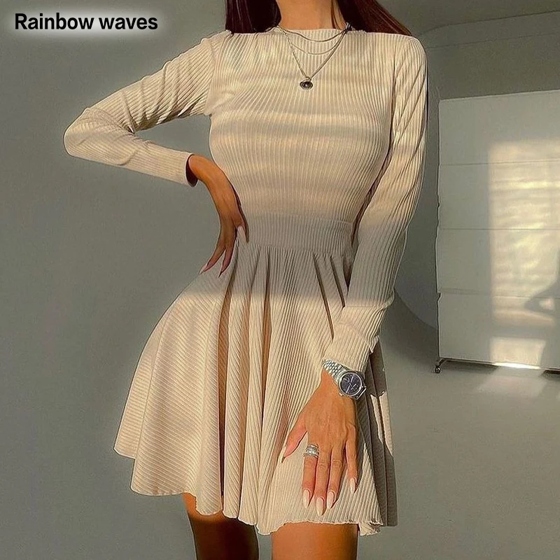 

Rainbowwaves Women Knitted Dress Spring Autumn Long Sleeve Bodycon Soild Color Black Slim Mini Dress Christmas Female Clothing