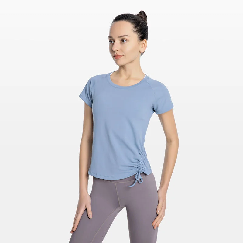 

Кроп-топ для йоги с коротким рукавом и поясом, Женская высокоэластичная одежда, спортивная футболка для бега, тренировочные женские футболк...