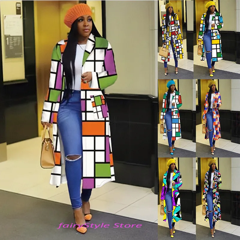 

New colorful Plaid printing women's trench coat leisure Lapel double-breasted all-women's trench coat waist women's trench coat