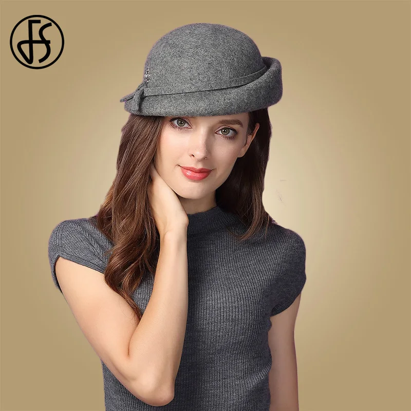FS элегантная женская шерстяная фетровая котелок черный красный Fedora шляпы для дам