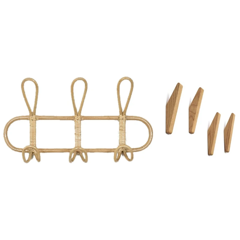 4 шт. крючок из натурального дерева вешалка для одежды настенная и 1x Ротанговые