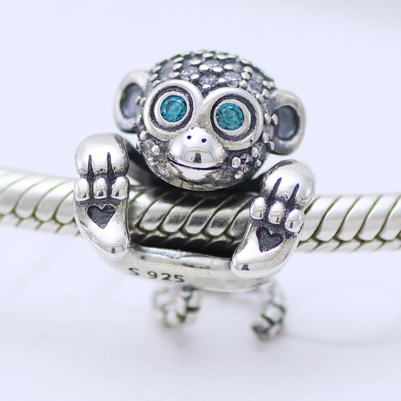 

Real 925 Sterling Silver Animal Crystal Beads Long Tail Monkey Charms Fit Original pan Bracelet Charm For Women DIY Jewelry