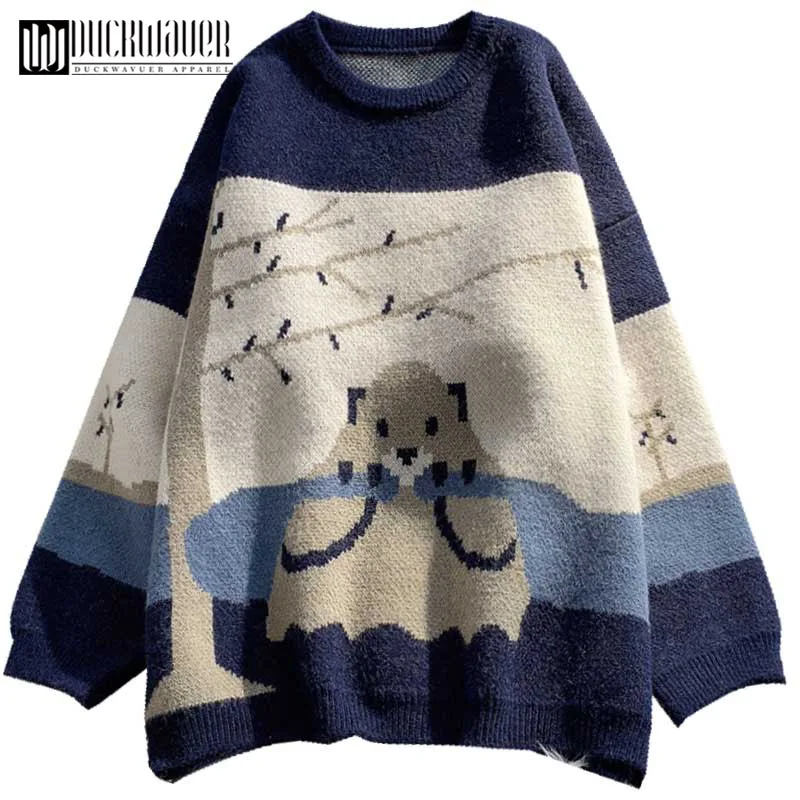 Duckwaver Knitted Sweater 2020 Spring Winter Women Clothes Cute Cartoon Pattern Loose Long sleeve pullover Tops | Женская одежда