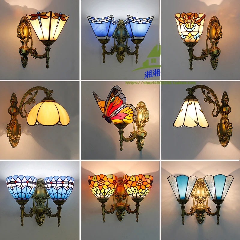Baroque Vintage Turkish Wall Lamp Bedroom Aisle Corridor Bathroom Stained Glass Lampshade Butterfly Wall Bracket Light