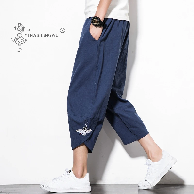 

Japanese Casual Kimono Pants Loose Seven-Point Trousers Japan Men Traditional Asian Clothing Yukata Style Cotton Linen Costume