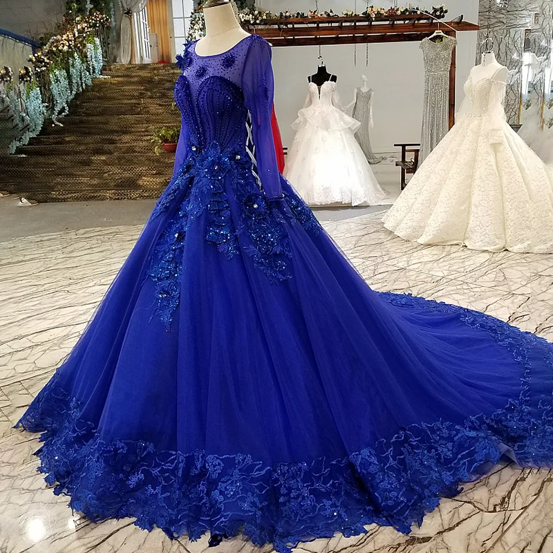 LS3111 синие кружева 3d цветы вечернее платье длинный рукав o образным вырезом назад a