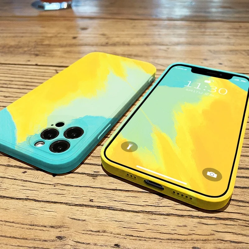 

Watercolor Square Liquid Silicone Phone Case For iPhone 12 11 Pro Max Mini XS XR X 8 7 Plus SE 2020 Soft Thin Cover funda