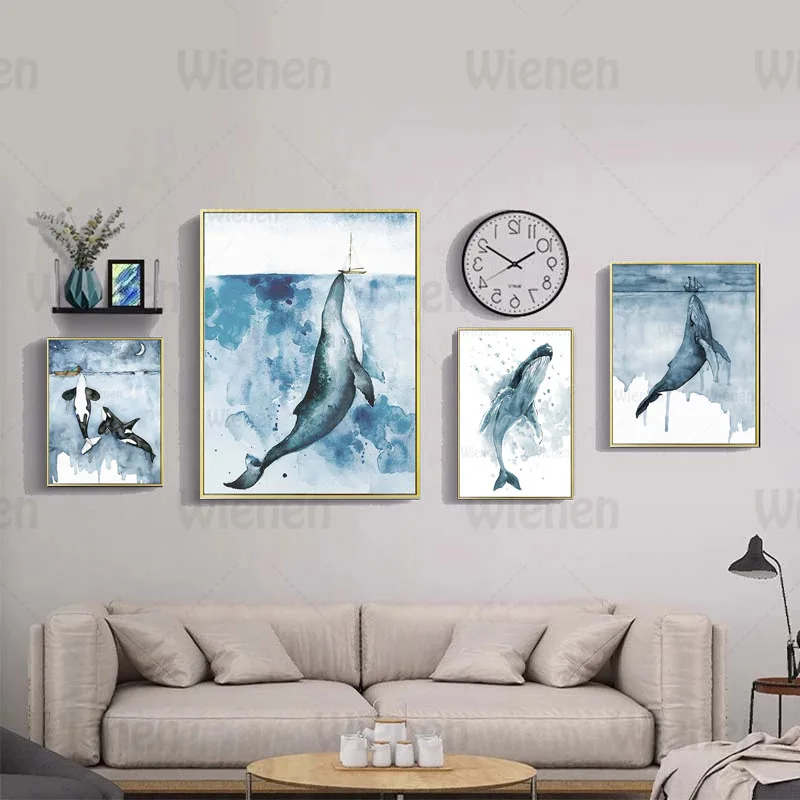 

Nordic Style Whale Canvas Painting Watercolor Sea Animals Posters and Prints for Living Room Wall Art Home Decorative Picture