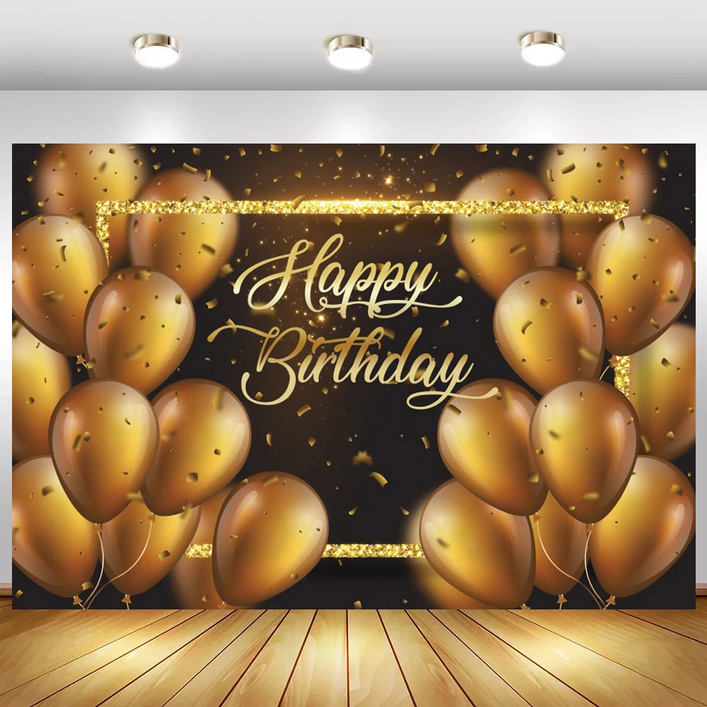 

Golden Balloons Besides Custom Name Happy Birthday Photo Background 20 30 40TH Celebration Dance Party Backdrops