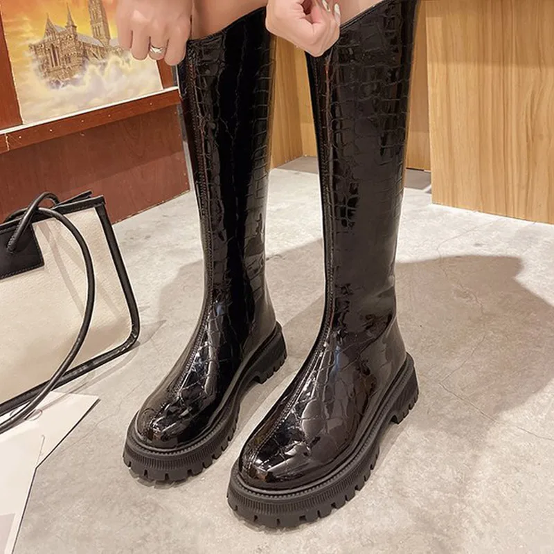 

Women's High Boots Autumn and Winter New Leather Thick Heels Thick-soled Zipper Warm Fashion Shoes Comfortable Casual Boots