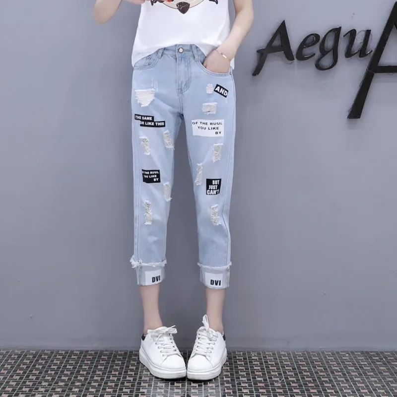 

Autumn Jeans Pants Women Loose Hole High Waist Letter Print Wide Leg High Waist Slim Straight Jeans Femme Vintage Denim Pants