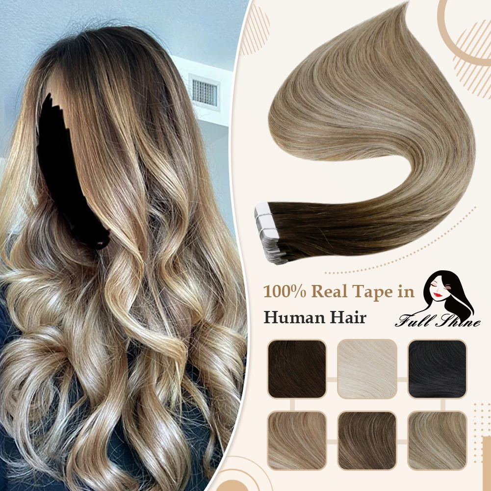 Full Shine Tape in Hair Balayage Color 100% Real Human Hair Extensions 20 Pcs 50g Seamless Tape on Hair Machine Made Remy