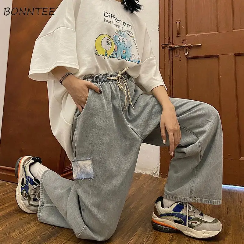 

Jeans Women Elastic Waist Patchwork All-match Loose Female Ulzzang Teens Straight College Ins Casual Daily Denim Trousers Spring