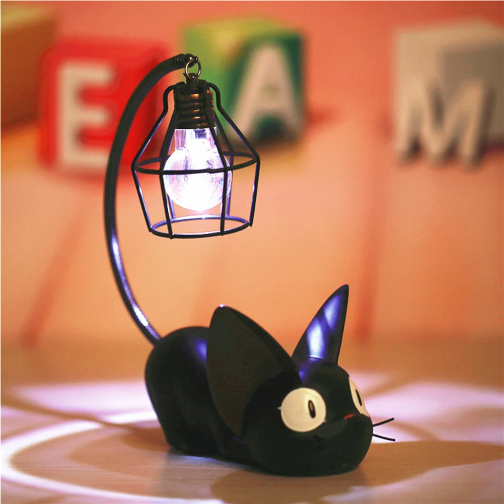 

Cute Black Cat Night Light Resin Craft Desktop Lamp Room Table Decoration Gift Black Eyes Built in button battery bedside light