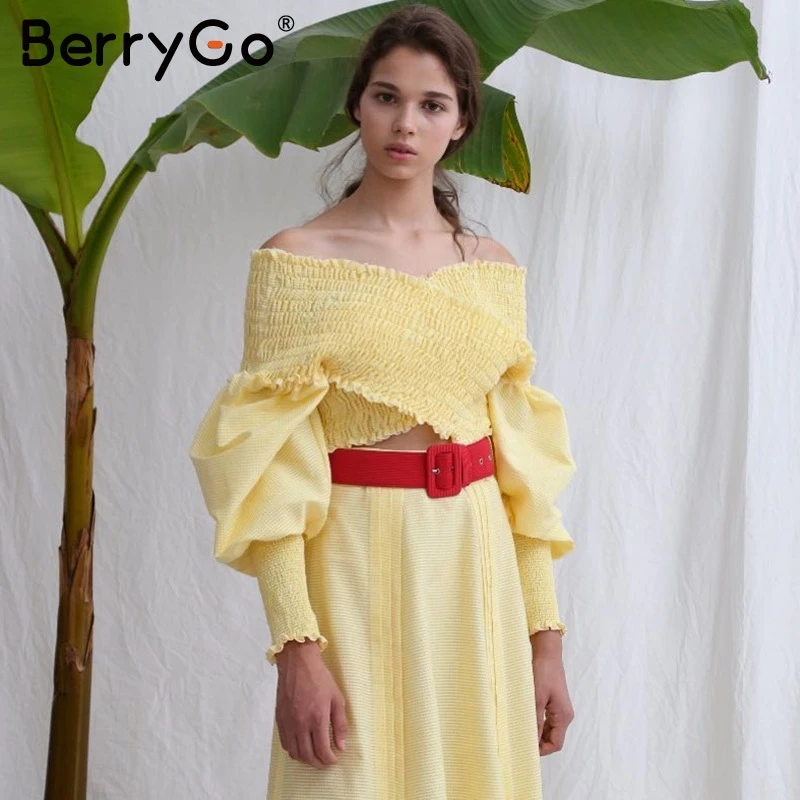 BerryGo сексуальная женская блузка с открытыми плечами элегантная рубашка пышными