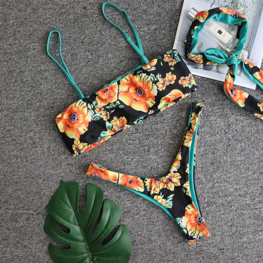 

Floral print High cut Thong bikini 2021 women Bandeau swimsuit Female Swimwear two pieces bikini set Sexy Bather Bathing Suit