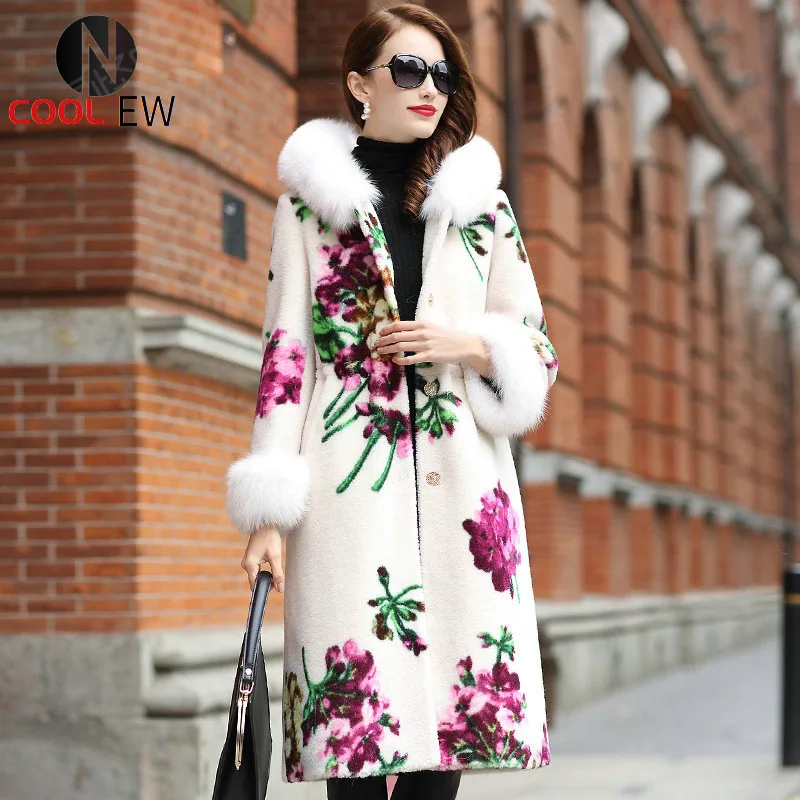 

Luxury Printing Real Fur Long Coat Women Autumn Winter Fox Fur Collar Hooded Overcoat Brand Elegant Slim Warm White Outerwear
