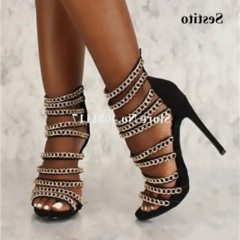 

Metal Chains Romen Sandals Back Zipper Super High Stiletto Heel Round Toe Sandals Summer New Fashion Women Dress Shoes All Match