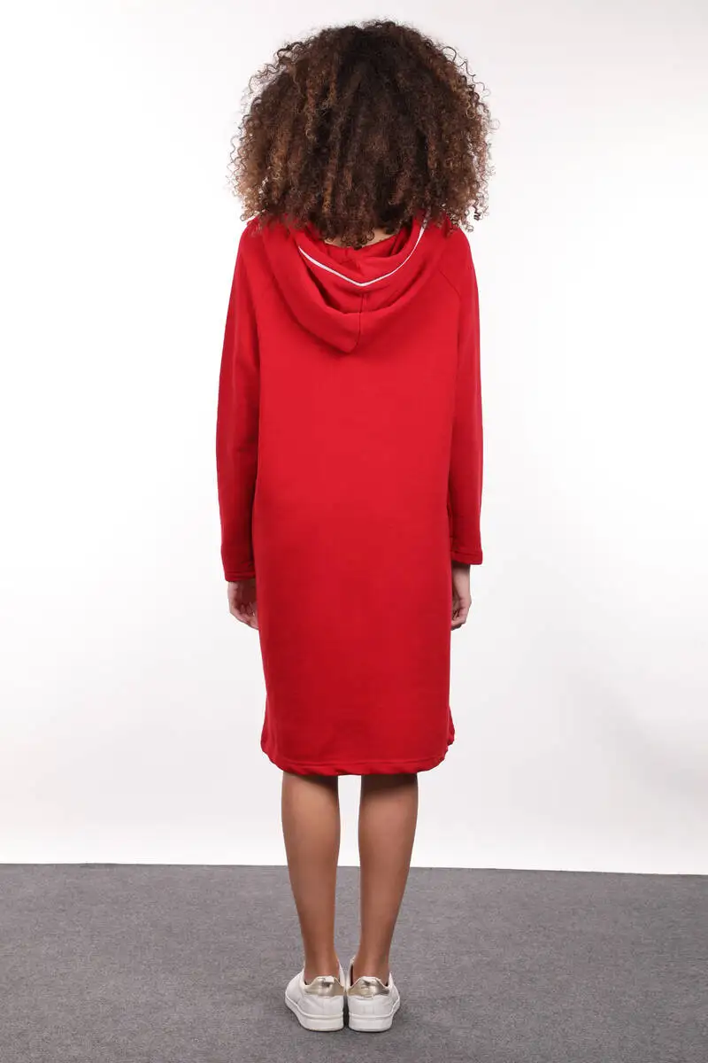 

Red Hooded Zipper Detail Long Sweat Dress