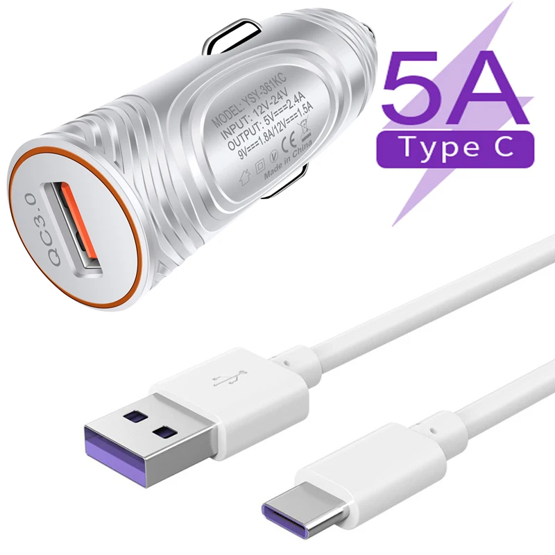 

5A Type C Super Charge Car Charger Cable Fast Charging Phone Car Charger For Huawei P9 P10 P30 P40 Pro Mate 20 30 Pro Nova 5T